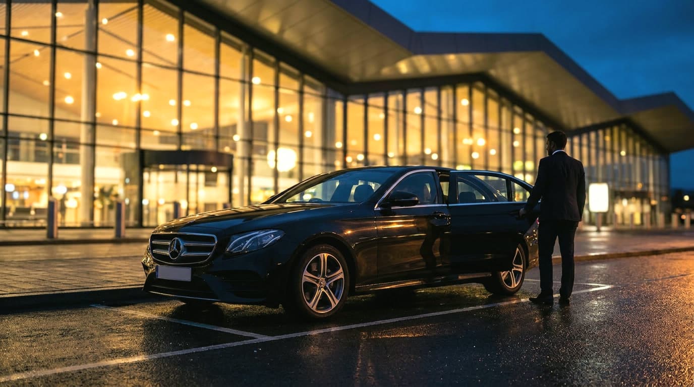 A chauffeur opening the rear door of a black Mercedes executive sedan outside an airport terminal